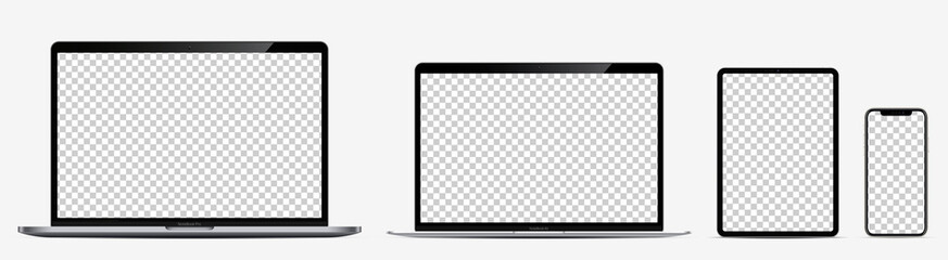 Device screen mockup. Laptop pro and thin, tablet and smartphone silver colors with blank screens for you design. Realistic vector illustration. - obrazy, fototapety, plakaty