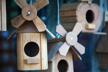 close up of  wooden bird house as background