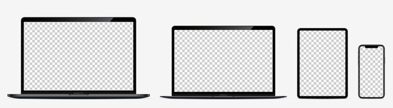 Device screen mockup. Laptop pro and thin, tablet and smartphone black colors with blank screens for you design. Realistic vector illustration.
