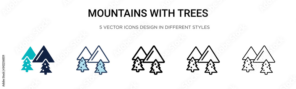 Poster mountains with trees icon in filled, thin line, outline and stroke style. vector illustration of two