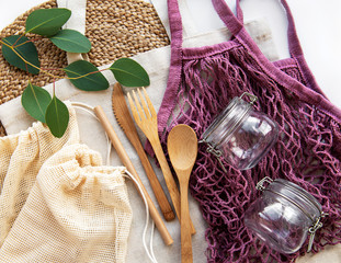 Mesh bag, cotton bags and glass jars