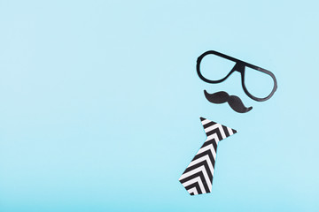 Happy Fathers Day background with accessories on table top view. Flat lay style, overhead, mockup, template, copy space