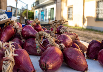 Red onions from Tropea (cipolla rossa di Tropea) at a farmers market in Italy - obrazy, fototapety, plakaty