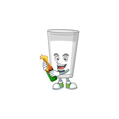 Mascot cartoon design of glass of milk making toast with a bottle of beer