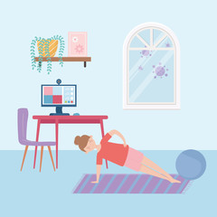 Fototapeta premium stay at home, young woman practicing exercises and computer in room