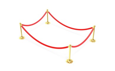 Red velvet and golden rope barrier. 3D illustration.