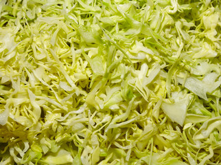 Heap of chopped cabbage. Fresh green sliced cabbage salad top view