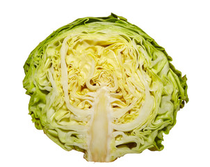 Fresh green cabbage isolated on white background with clipping path. Half part top view