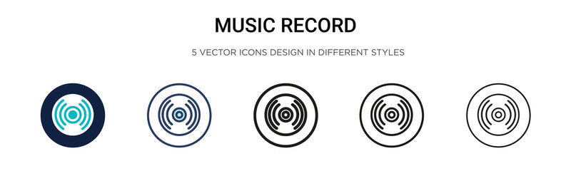 Music record icon in filled, thin line, outline and stroke style. Vector illustration of two colored and black music record vector icons designs can be used for mobile, ui, web