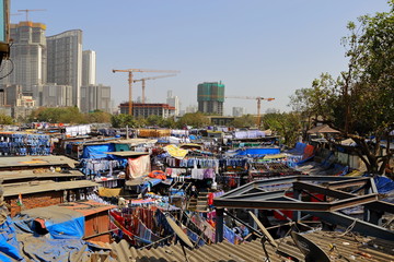 MUMBAI, INDIA - February 7, 2019: Dhobi Ghat open air laundry next to Mahalaxmi station, the largest of its kind in the world,