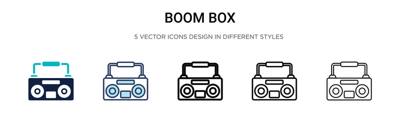 Boom box icon in filled, thin line, outline and stroke style. Vector illustration of two colored and black boom box vector icons designs can be used for mobile, ui, web
