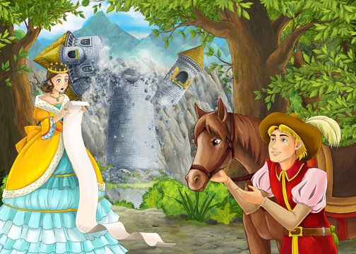 Cartoon nature scene with prince and princess and on journey