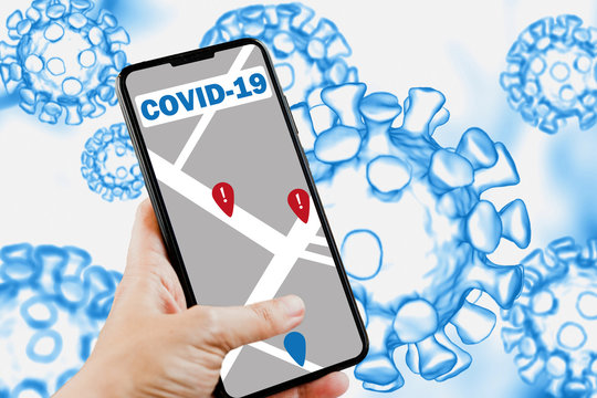 Coronavirus Tracking Location App: Smartphone Map With Infected People Walking Track On The Street