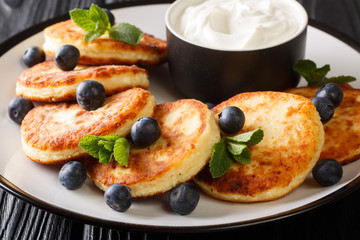 Hot traditional syrniki with blueberries, mint and sour cream closeup in a plate. horizontal