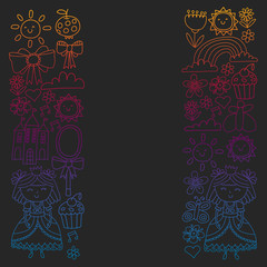 Vector pattern for little girls. Princess illustration for happy birthday party. Blackboard chalk illustration