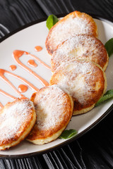 Syrniki served with powdered sugar and berry jam closeup in a plate. vertical