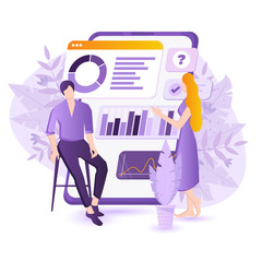 Data analysis, strategy. Woman and man are working with data near big smartphone.