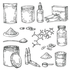 Sketch Collagen protein powder, helix molecule, pills, essential oils - Hydrolyzed. Hand drawn Jar. Measure spoon and glass of water.