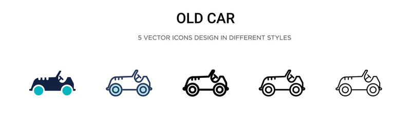 Old car icon in filled, thin line, outline and stroke style. Vector illustration of two colored and black old car vector icons designs can be used for mobile, ui, web
