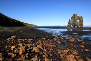 Vatnsnes / Iceland - August 27, 2017: The Hvitserkur rock in Vatnsnes peninsula, Iceland, Europe