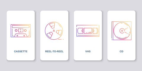Icons of retro audio and video media. Cassette, reel, VHS, CD. Linear flat style illustration with gradient. - obrazy, fototapety, plakaty