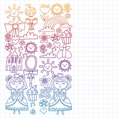 Vector pattern for little girls. Princess illustration for happy birthday party. Blackboard chalk illustration
