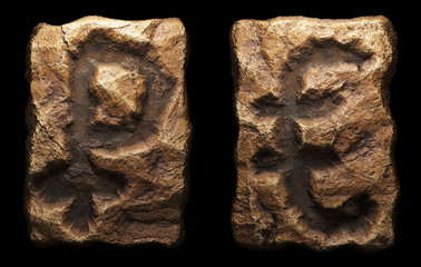 Set of rocky symbols rouble and euro. Font of stone on black background. 3d