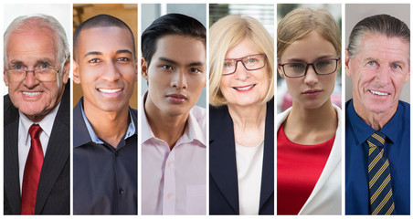 Positive diverse young and mature businesspeople portrait set. Smiling men and women of different ages and races multiple shot collage. Business people concept