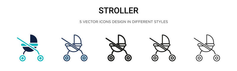 Stroller icon in filled, thin line, outline and stroke style. Vector illustration of two colored and black stroller vector icons designs can be used for mobile, ui, web
