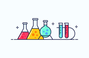 Chemistry and laboratory icons illustration in flat line style. Design concept of vector illustration isolated on light background for website and mobile apps. 