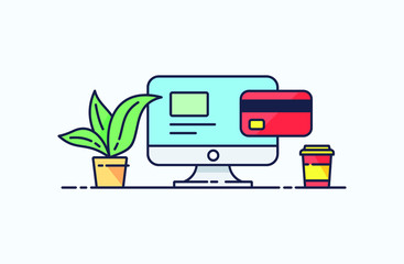 Online payment by banking card icon in flat line style. Design concept of vector illustration isolated on light background for website and mobile apps. 