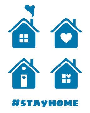 Stay home. Icons of house with heart. Vector symbol of quarantine, self isolation. Prevention spread of coronavirus, covid-19. Love and care family sign. Blue stickers isolated on white background