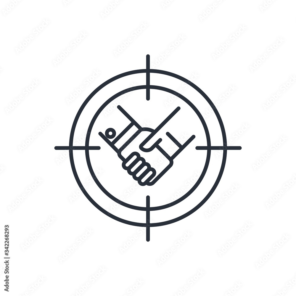 Poster aim and handshake. search for partners. vector linear icon isolated on white background.