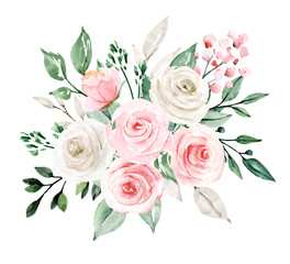 Flowers blush and white roses, botanical illustration, bouquet, watercolor painting isolated on white background.