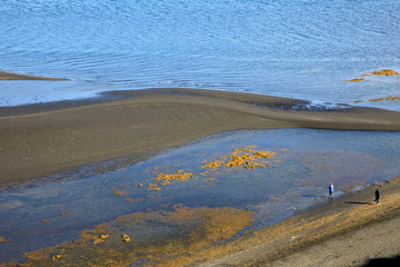 Vatnsnes / Iceland - August 27, 2017: Tourist walking along a volcanic beach in Vatnsnes peninsula, Iceland, Europe