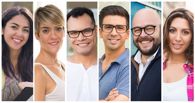 Happy positive diverse customers outdoor portrait set. Smiling men and women in casual clothes multiple shot collage. Business people concept