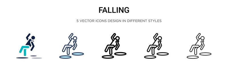 Falling icon in filled, thin line, outline and stroke style. Vector illustration of two colored and black falling vector icons designs can be used for mobile, ui, web
