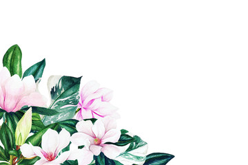 Watercolor magnolia leaves and flowers, bright colors © nurofina