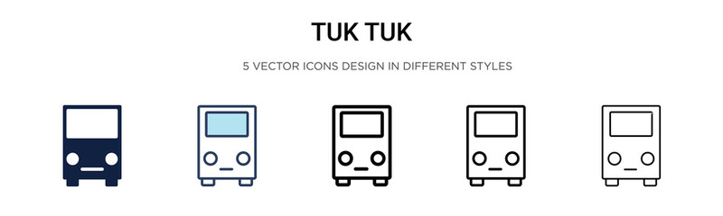 Tuk tuk icon in filled, thin line, outline and stroke style. Vector illustration of two colored and black tuk tuk vector icons designs can be used for mobile, ui, web