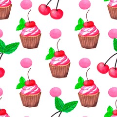 cherry seamless watercolor pattern. . Celebration and party. Design element. Watercolor illustration. Watercolor dessert collection.