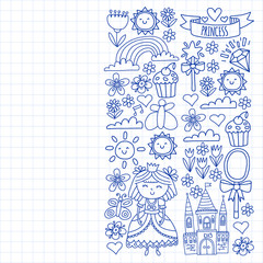 Vector pattern for little girls. Princess illustration for happy birthday party. Blackboard chalk illustration