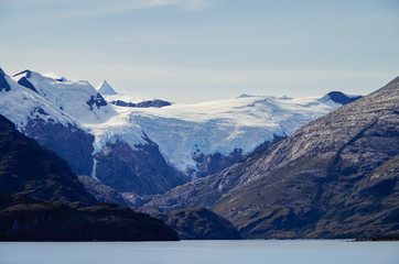Breathtaking panoramic landscape scenery with mountains and glaciers inside Beagle Channel while...