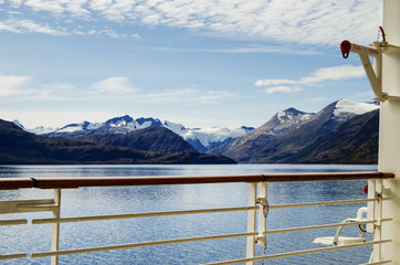 Breathtaking panoramic landscape scenery with mountains and glaciers inside Beagle Channel while...