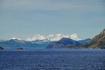 Breathtaking panoramic landscape scenery with mountains and glaciers inside Beagle Channel while...