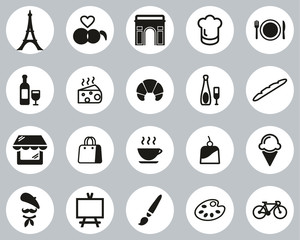 Paris City & Culture Icons Black & White Flat Design Circle Set Big