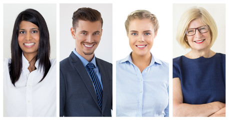 Fototapeta premium Positive successful Caucasian and Indian professionals isolated portrait set. Smiling men and women in business clothes multiple shot collage. Business people concept