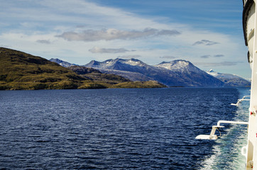 Breathtaking panoramic landscape scenery with mountains and glaciers inside Beagle Channel while...