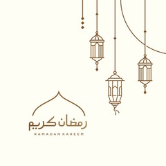 Arabic ramadan lantern, simple ramadan Kareem arabic caligraphy vector , Eid Mubarak Greeting Line icon minimal vector design with mosque Glowing Lantern and hanging crescent moon star - obrazy, fototapety, plakaty
