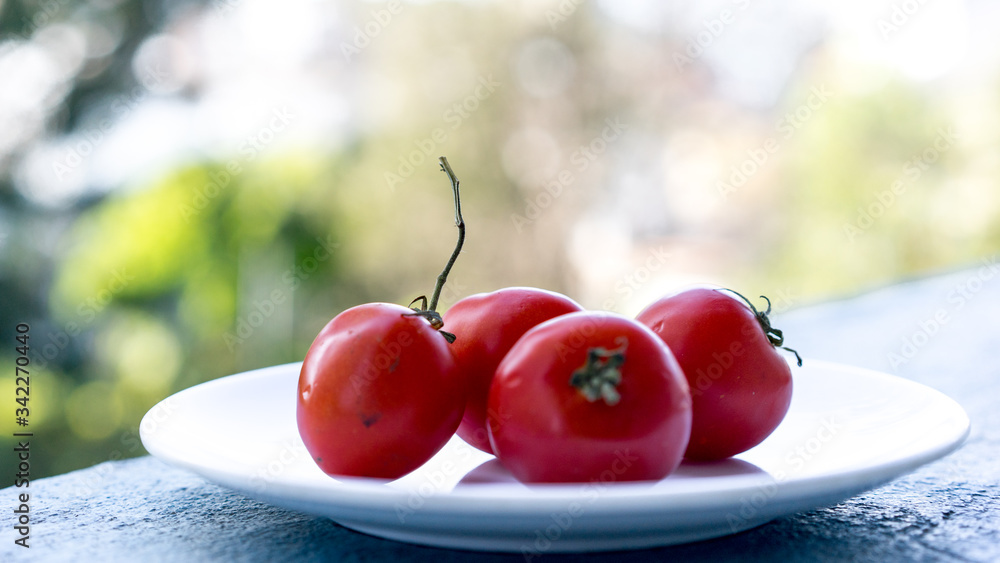 Wall mural Red fresh ripe raw juicy small tomatoes on a white plate ready to be used for cooking in a salad or a dish, close up vegetable, background