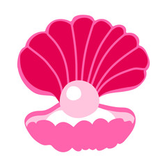 Pink shell with a pearl in a flat style. Vectra clip art, sticker, nautical theme. Design underwater world and aquariums. Treasures deep in the ocean. Cute seashell with a surprise